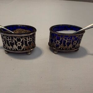 Gorham Silver and Blue Glass Salt and Pepper Cellars